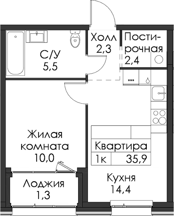 1-комнатная квартира 35.9 м², 5/12 эт., ЖК «Шкиперский 19»